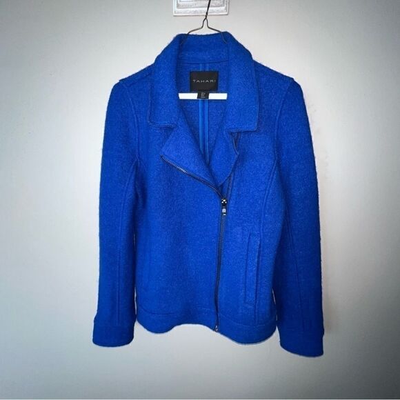 Tahari Bright Blue Wool Moto Jacket - Sz S - Picture 1 of 16